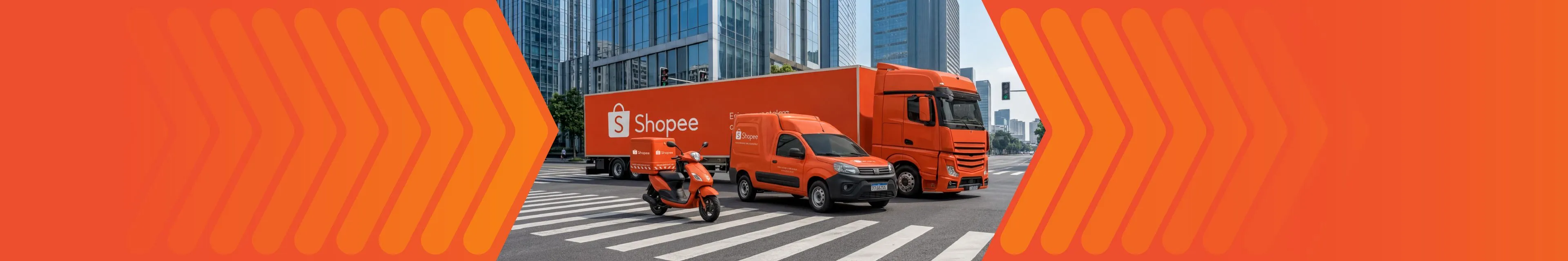Shopee卡车、货车和摩托车行驶在城市街道上，背景是现代高楼。