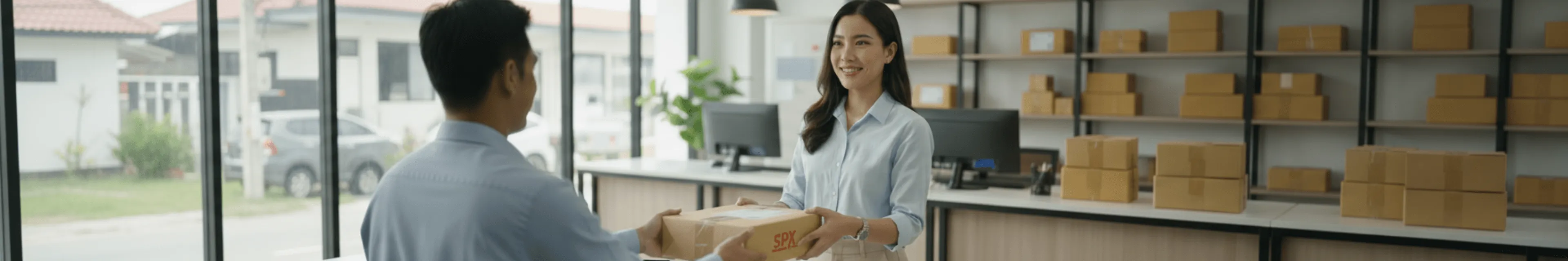 Friendly customer service at a modern marketing and logistics center, seamless package handling and professional support for your business growth.