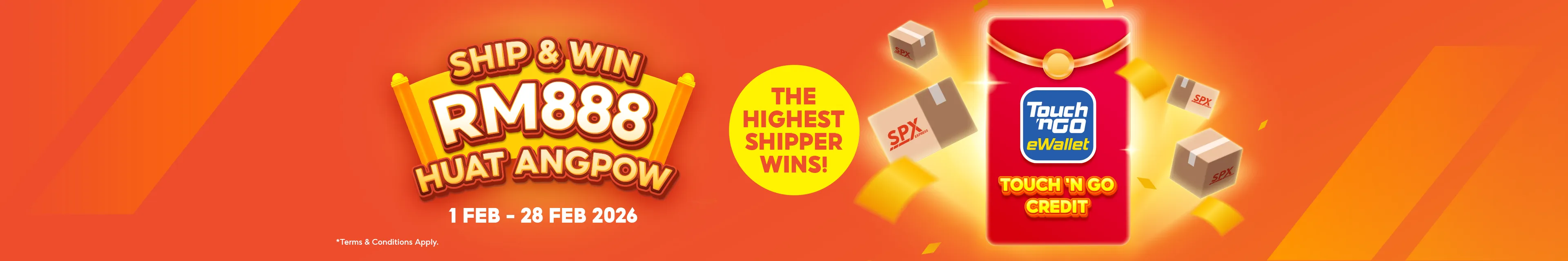 Ship parcels with SPX Express during 1-15 Feb and stand a chance to win RM888 Huat Ang Pow. The winner will be the customer with the highest orders.