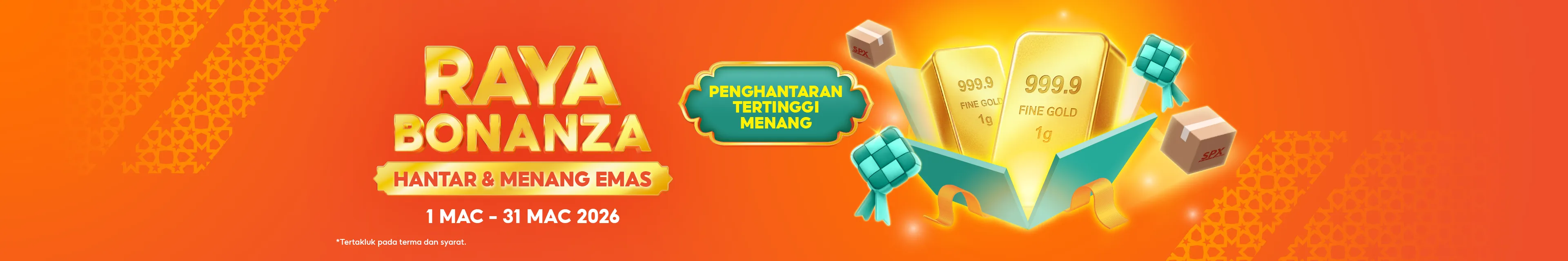 Hantar min.10 bungkusan sepanjang tempoh kempen untuk menyertai Raya Bonanza dan berpeluang memenangi 1gram emas tulen 999 dari SPX Express.