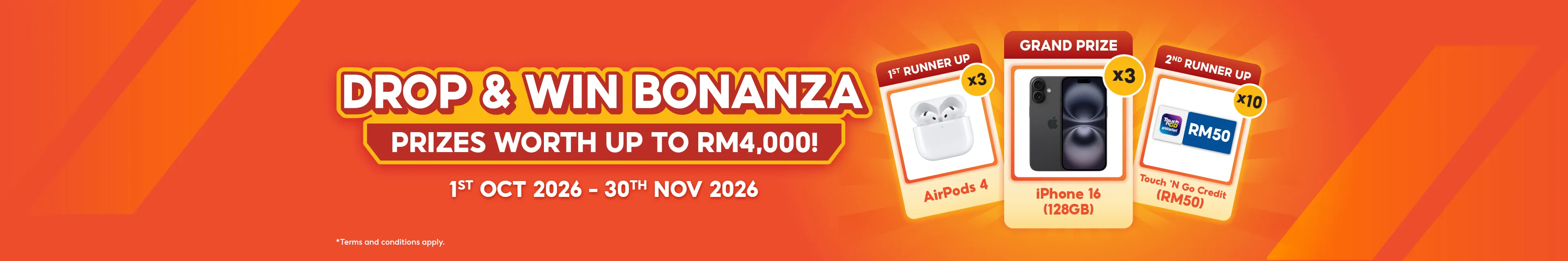 Drop parcels, win big! Simply drop off your parcels at your nearest SPX service point for a chance to win amazing prizes worth up to RM4,000!