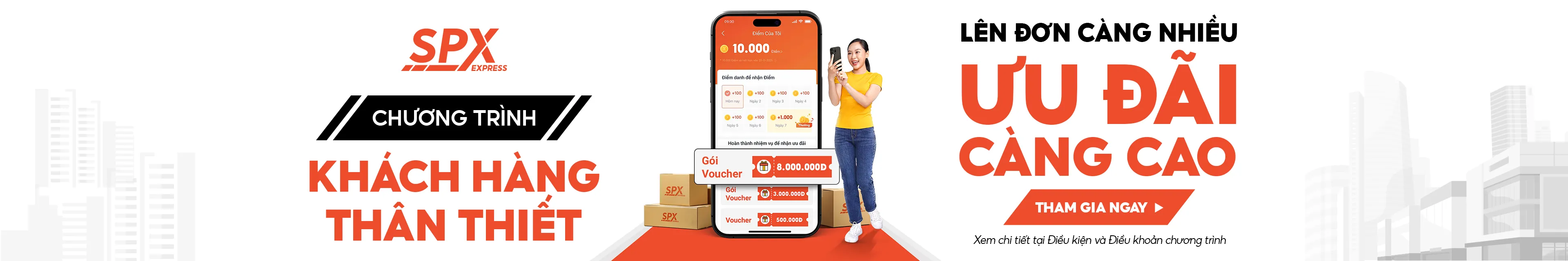 Tham gia chương trình Khách hàng thân thiết SPX: Lên đơn càng nhiều, nhận voucher ưu đãi càng cao. Tiết kiệm chi phí, ship nhanh toàn quốc
