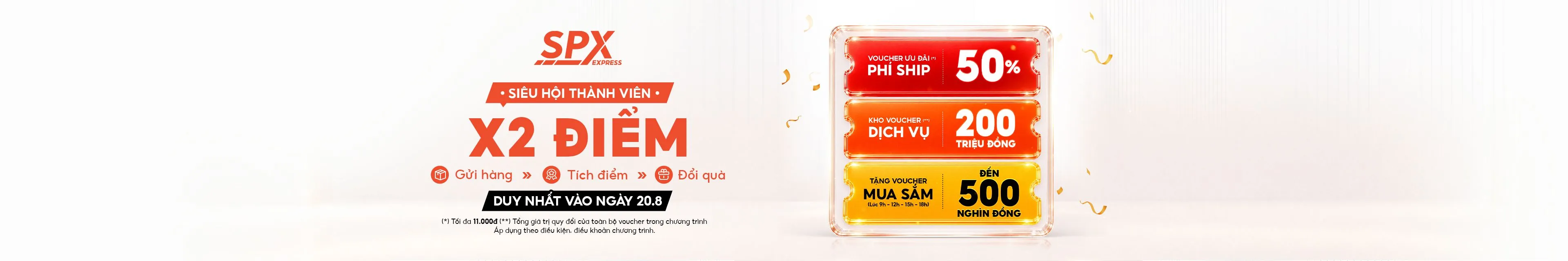 Tham gia Siêu Hội Thành Viên SPX ngày 20.8: X2 điểm khi gửi hàng, voucher giảm 50% phí ship, kho voucher dịch vụ 200 triệu đồng và voucher mua sắm
