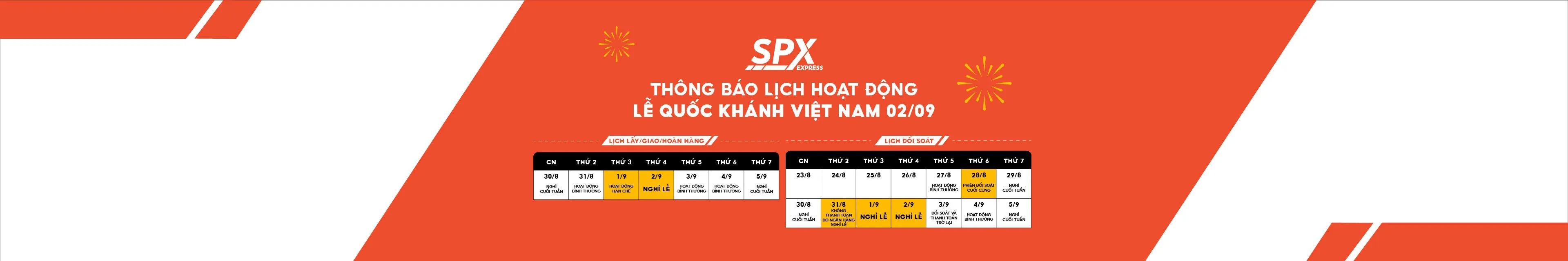 SPX Express operating schedule for Vietnam National Day: pickup, delivery, return and reconciliation from Aug 30 to Sep 5.